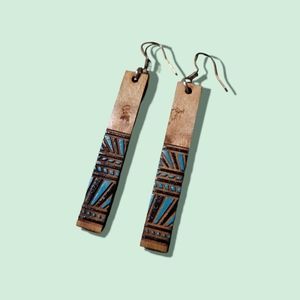 Maple Wood Hand Painted Black Blue Bar Earrings, hypoallergenic Sterlin…